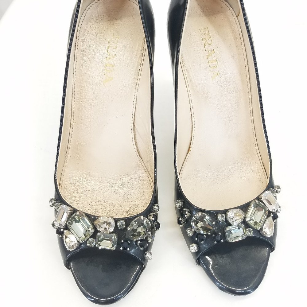 Prada Black Patent Leather Jeweled Peep-Toe Heels - Picture 6 of 9